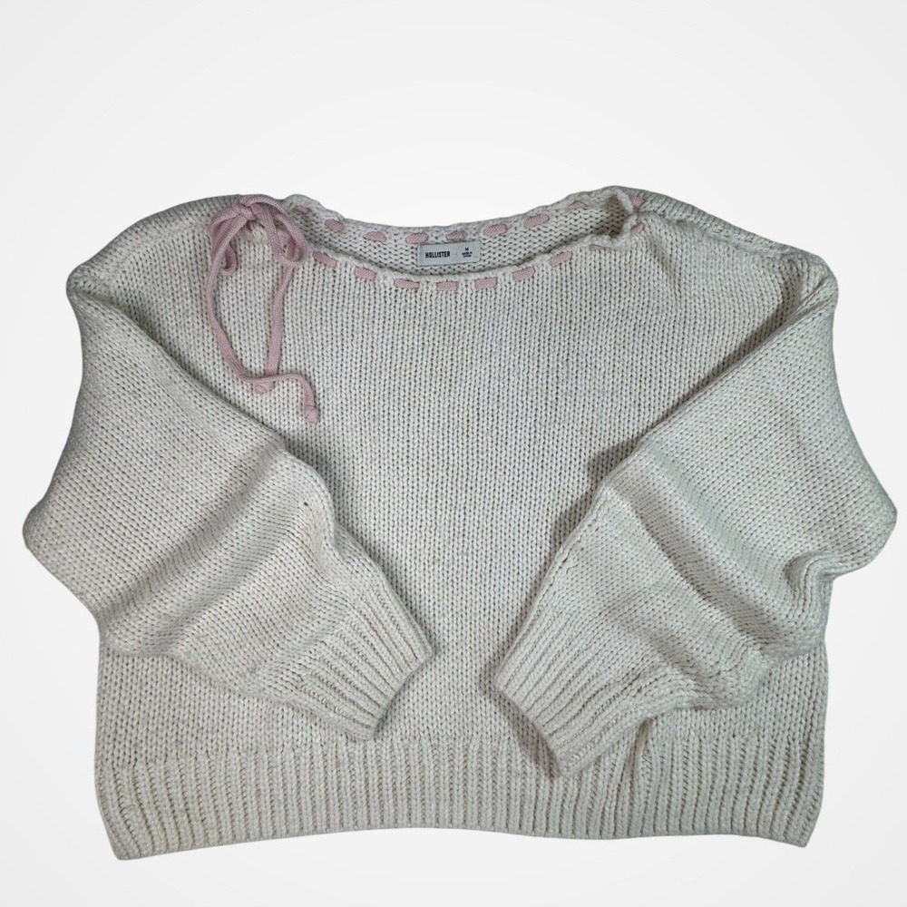 Hollister Knit Sweater Cream Pink Ribbon Trim Coquette Balletcore Soft Girl M